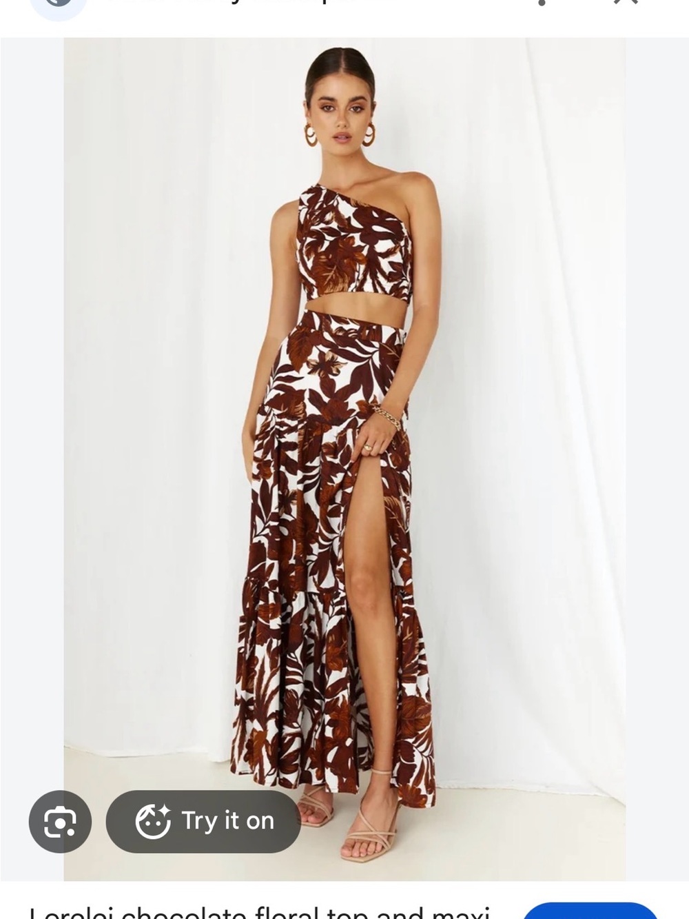Brown Floral High-Slit Maxi Skirt / Top Set